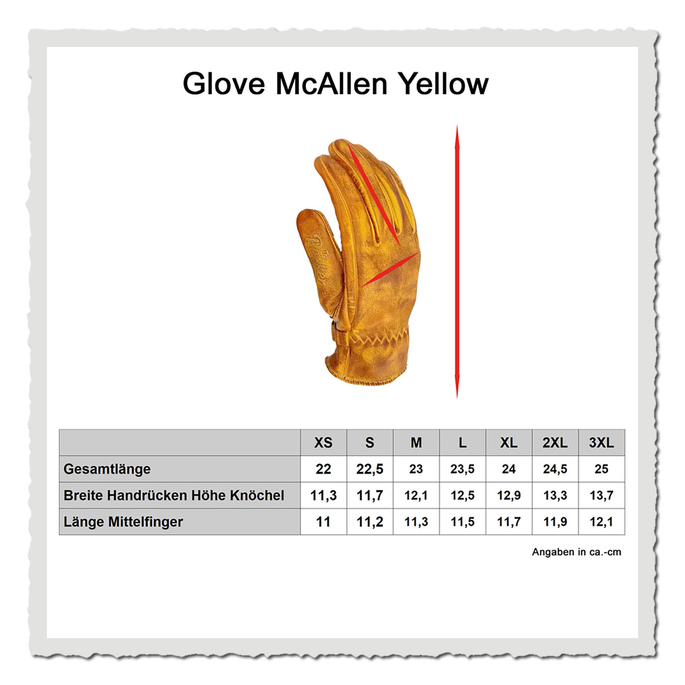 Masstabelle Motorradhandschuh mit Größen-Grafik und freigestelltem Handschuh vor hellem Hintergrund